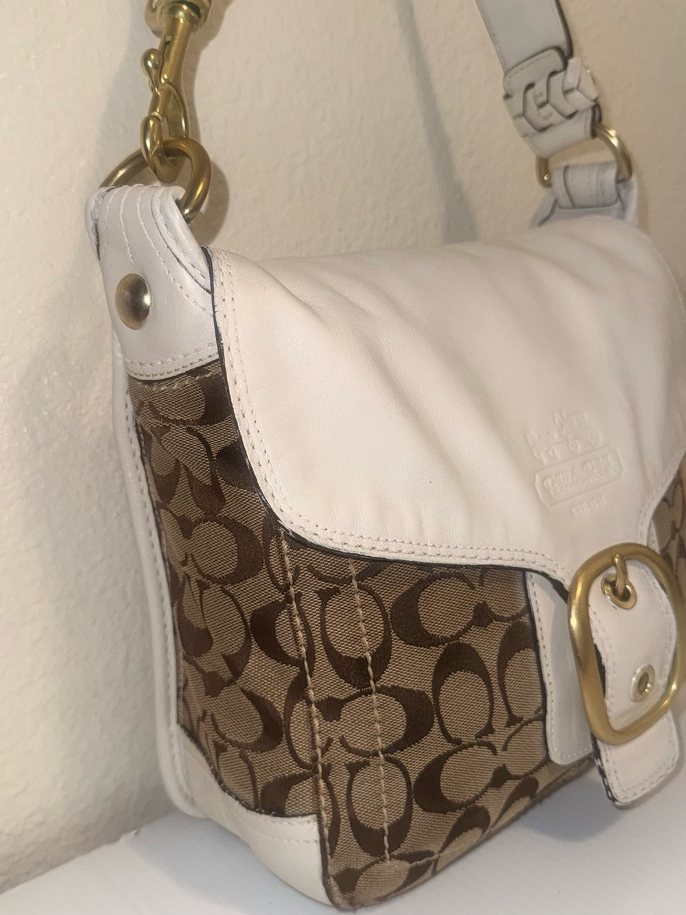 Coach White and Brown Signature Shoulder Bag with Brass Buckles - Picture 3 of 9